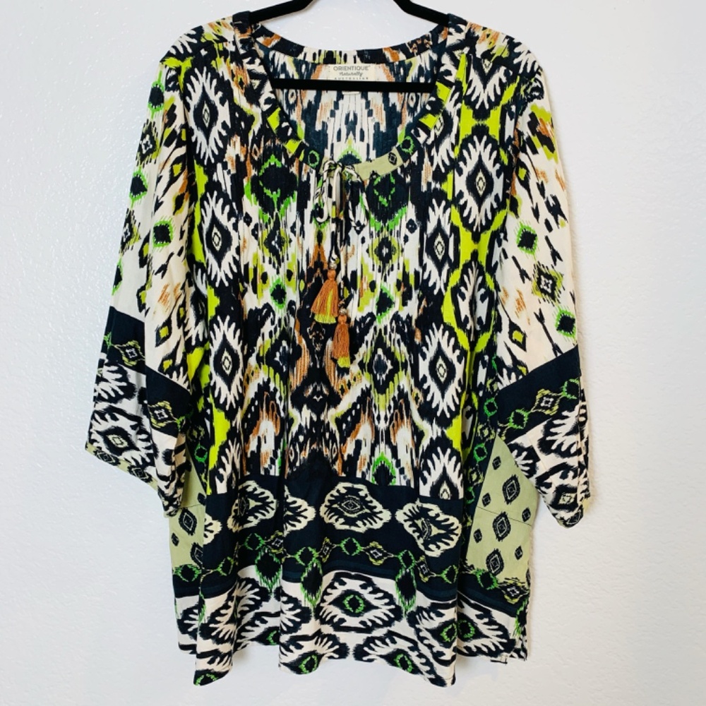Orientique Naturally Australian Tunic Blouse Women's 1X Ikat Print Peasant Boho